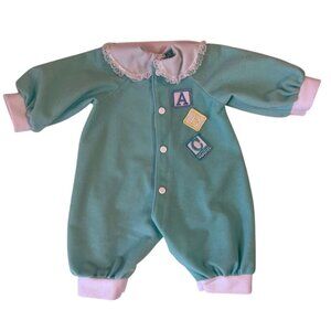 Vintage Soft Green Pink Abc Block Fleece Baby Doll Romper 14"
